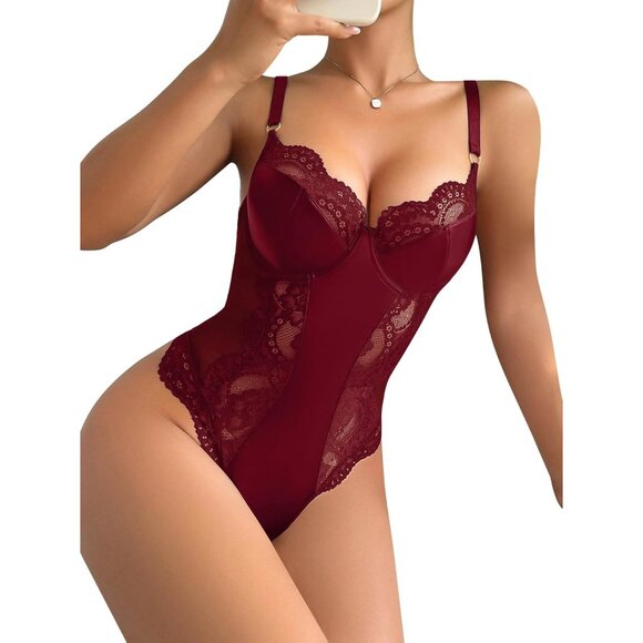 Women Burgundy Bodysuit Bustier Top One Piece Floral Lace Sheer Corset Lingerie - Picture 2 of 6